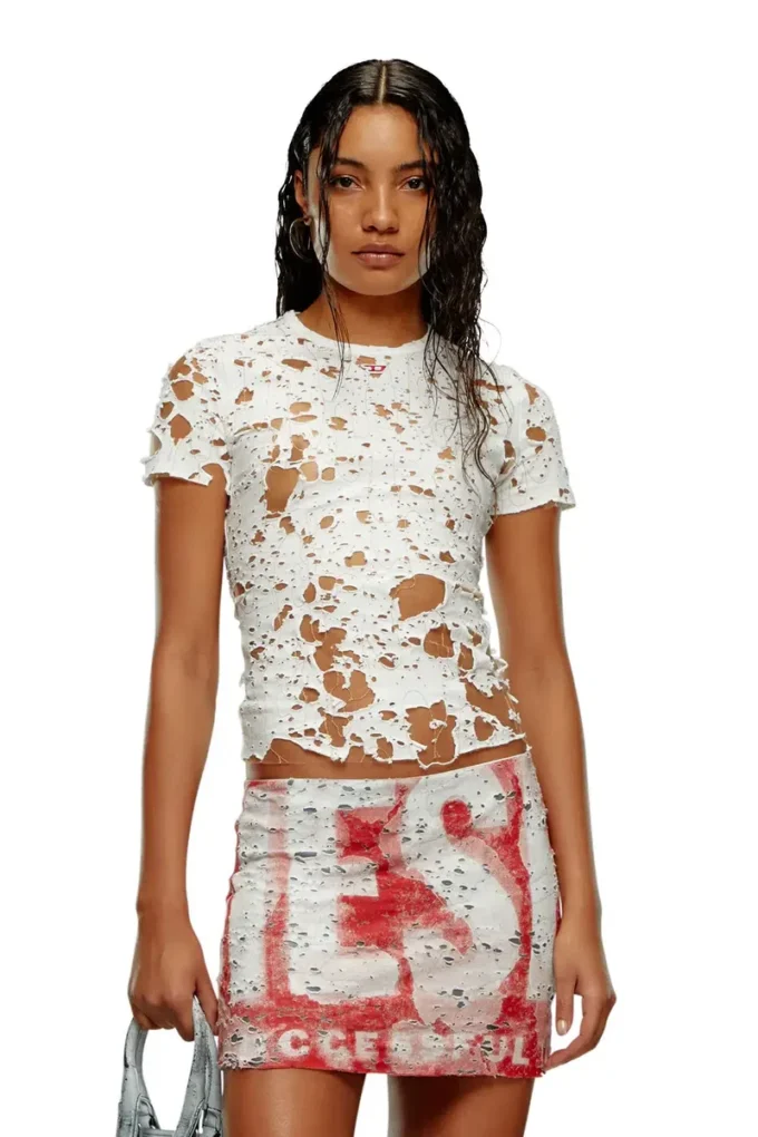 t-uncyna T-shirt en tulle avec jersey déchiré