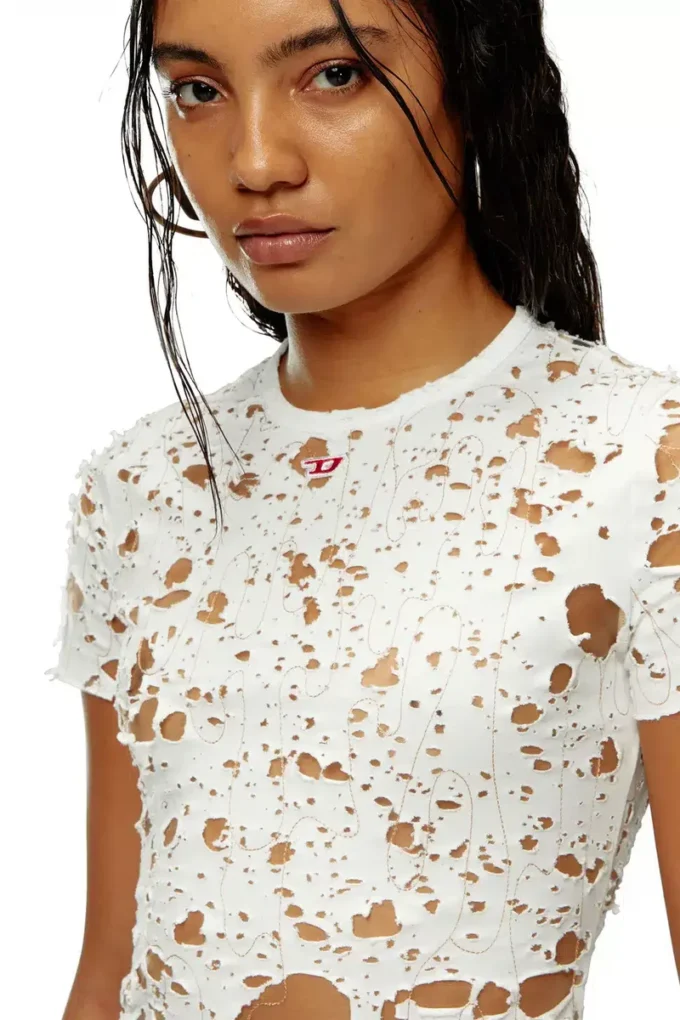 t-uncyna T-shirt en tulle avec jersey déchiré