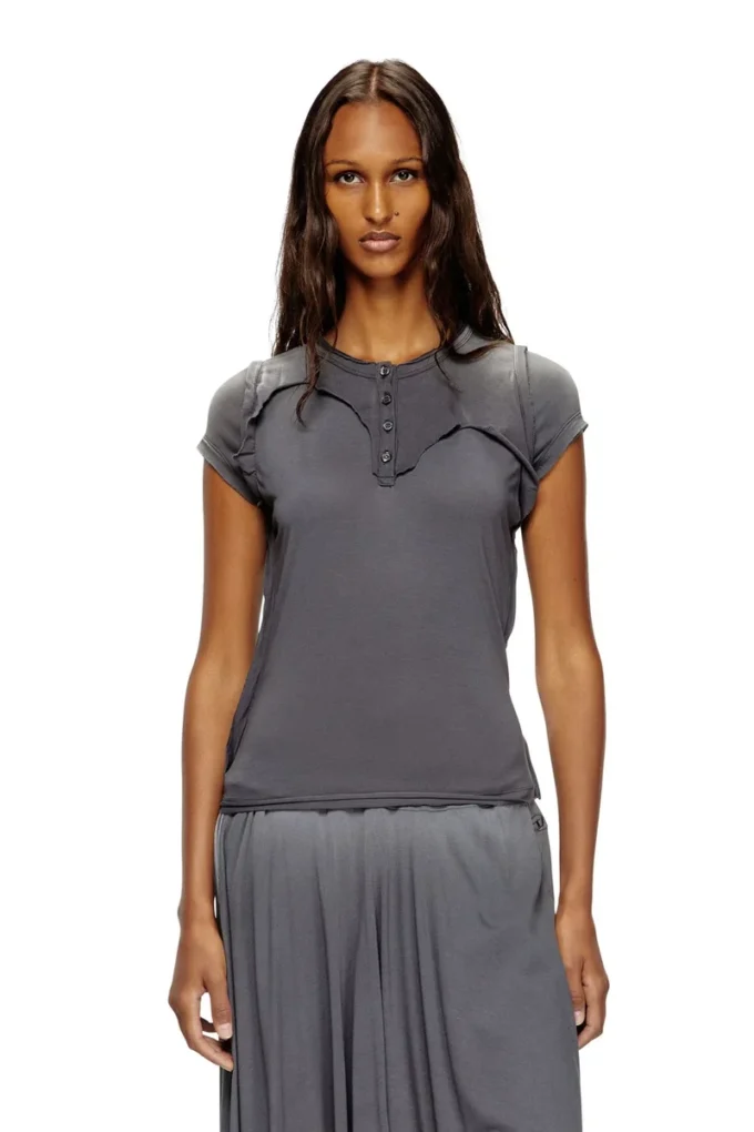 t-unrawy T-shirt Henley à effet déchiré
