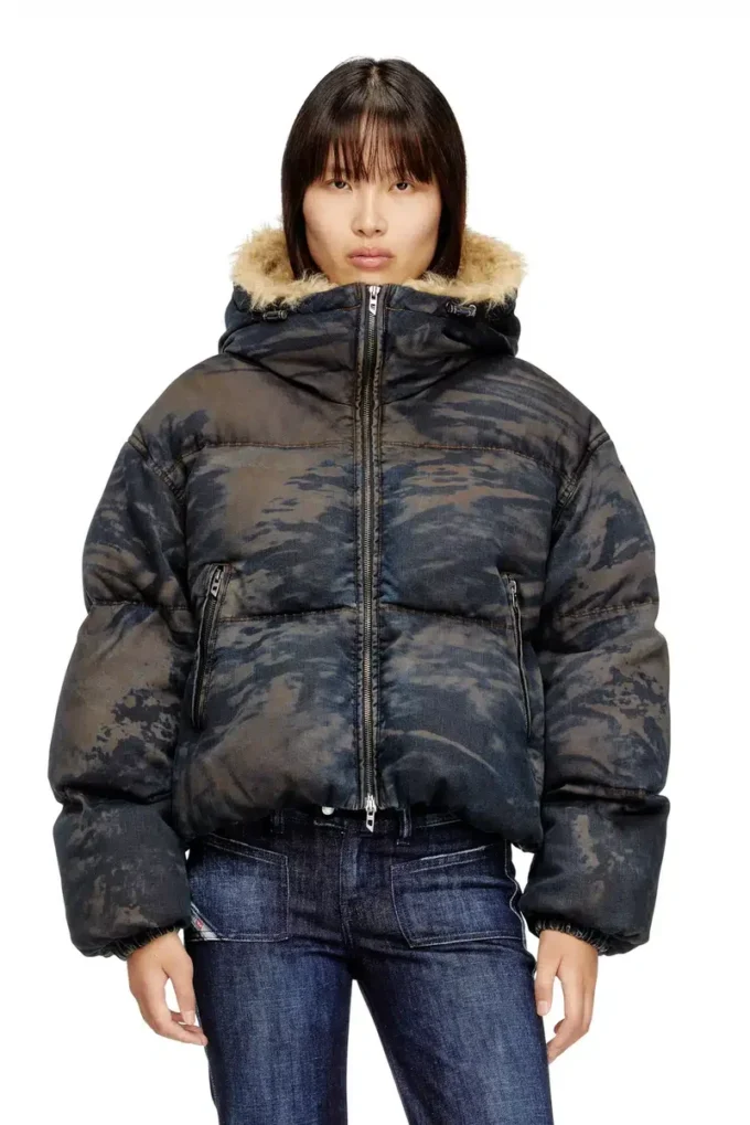 w-aves-fur Doudoune à capuche en denim camouflage effet sale