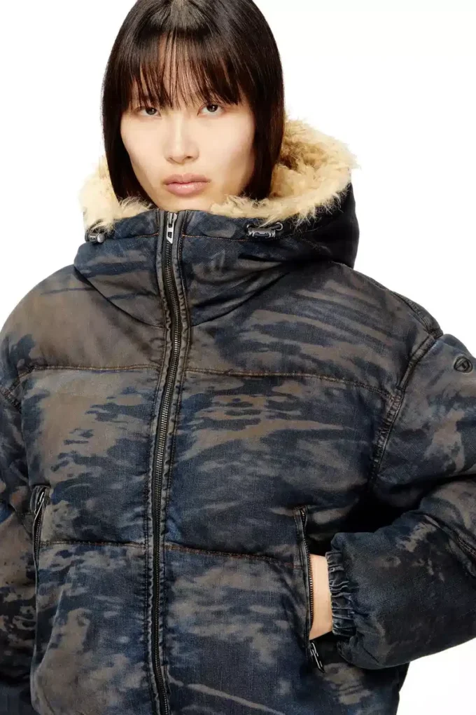 w-aves-fur Doudoune à capuche en denim camouflage effet sale