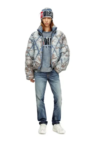 w-kons Veste matelassée en denim dévoré matelassé à motif argyle