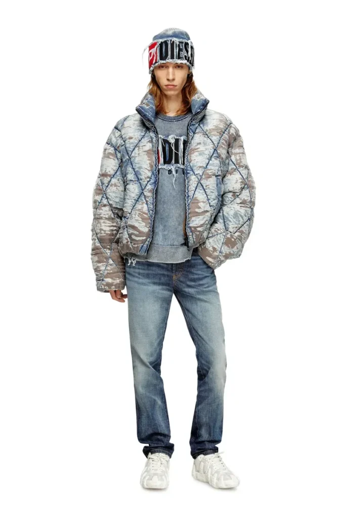 w-kons Veste matelassée en denim dévoré matelassé à motif argyle