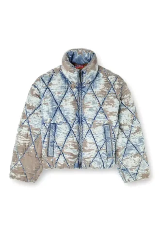 w-kons Veste matelassée en denim dévoré matelassé à motif argyle