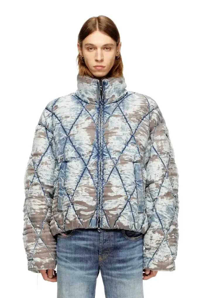 w-kons Veste matelassée en denim dévoré matelassé à motif argyle