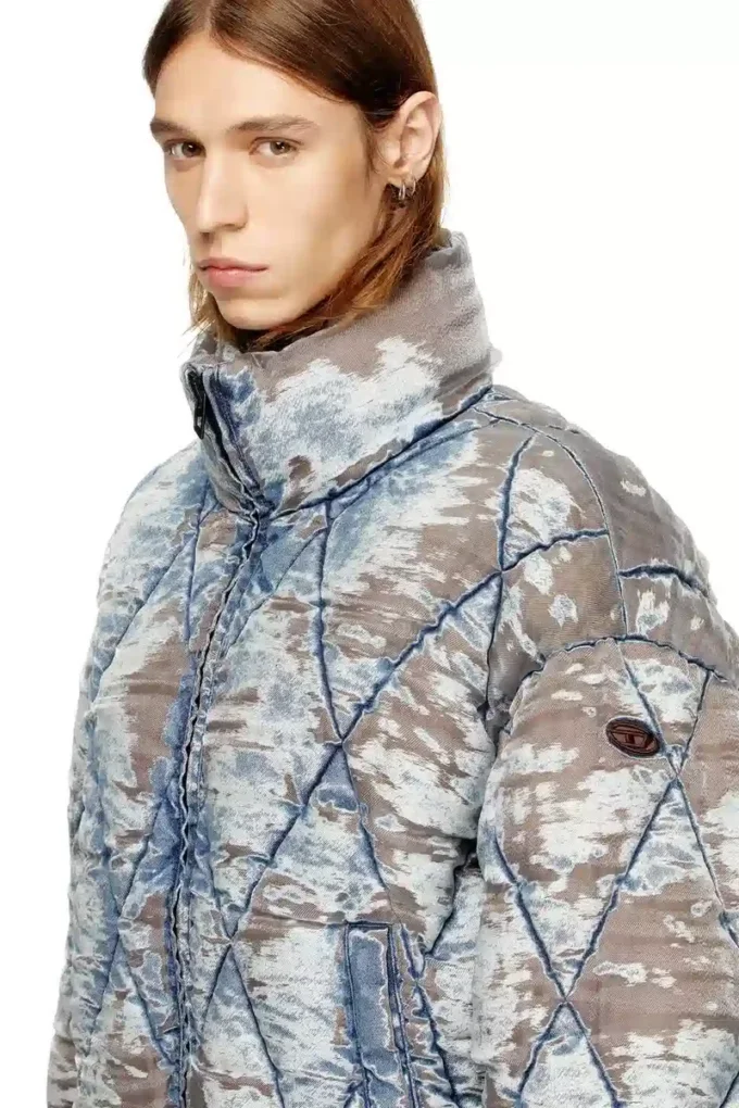 w-kons Veste matelassée en denim dévoré matelassé à motif argyle