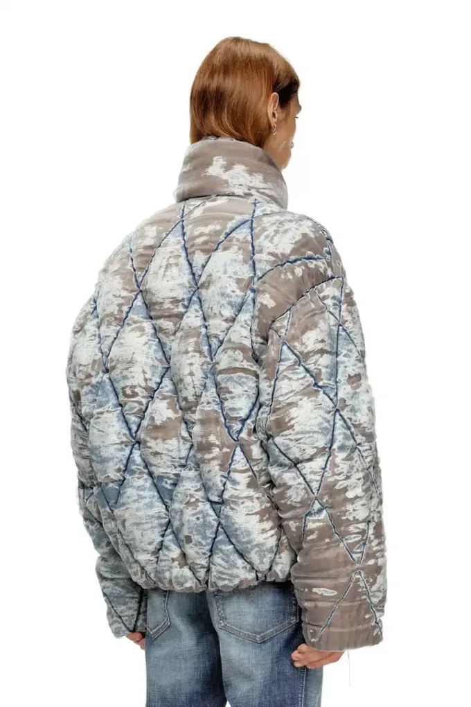 w-kons Veste matelassée en denim dévoré matelassé à motif argyle